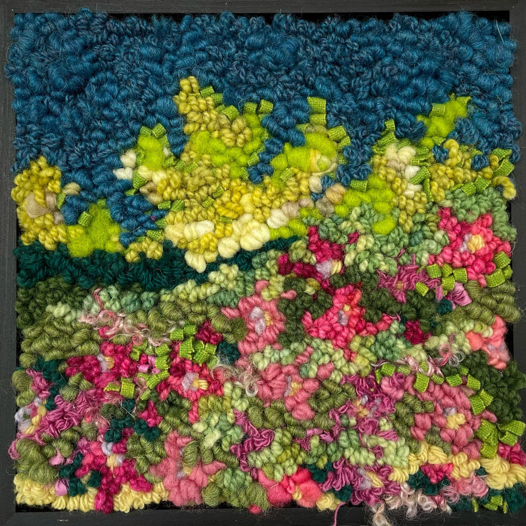 update alt-text with template Blooming Bush 8" x 8" Framed-Deanne Fitzpatrick Rug Hooking Studio-Rug Hooking Kit -Rug Hooking Pattern -Rug Hooking -Deanne Fitzpatrick Rug Hooking Studio -Is rug hooking the same as punch needle?