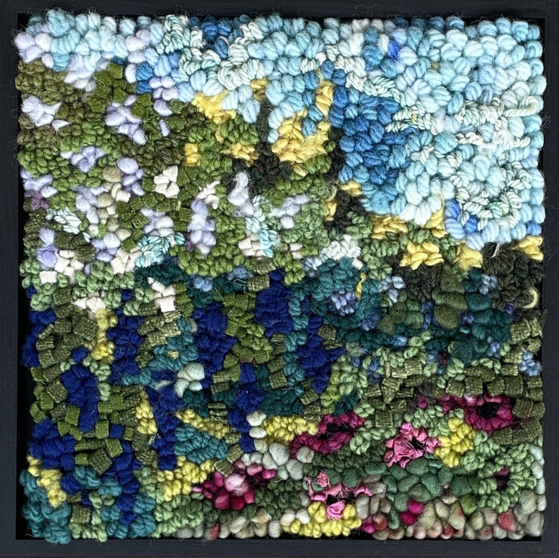 update alt-text with template Mystery of the Impressionist's Garden - 8" x 8" Framed-Original Rugs-Deanne Fitzpatrick Rug Hooking Studio-Rug Hooking Kit -Rug Hooking Pattern -Rug Hooking -Deanne Fitzpatrick Rug Hooking Studio -Is rug hooking the same as punch needle?