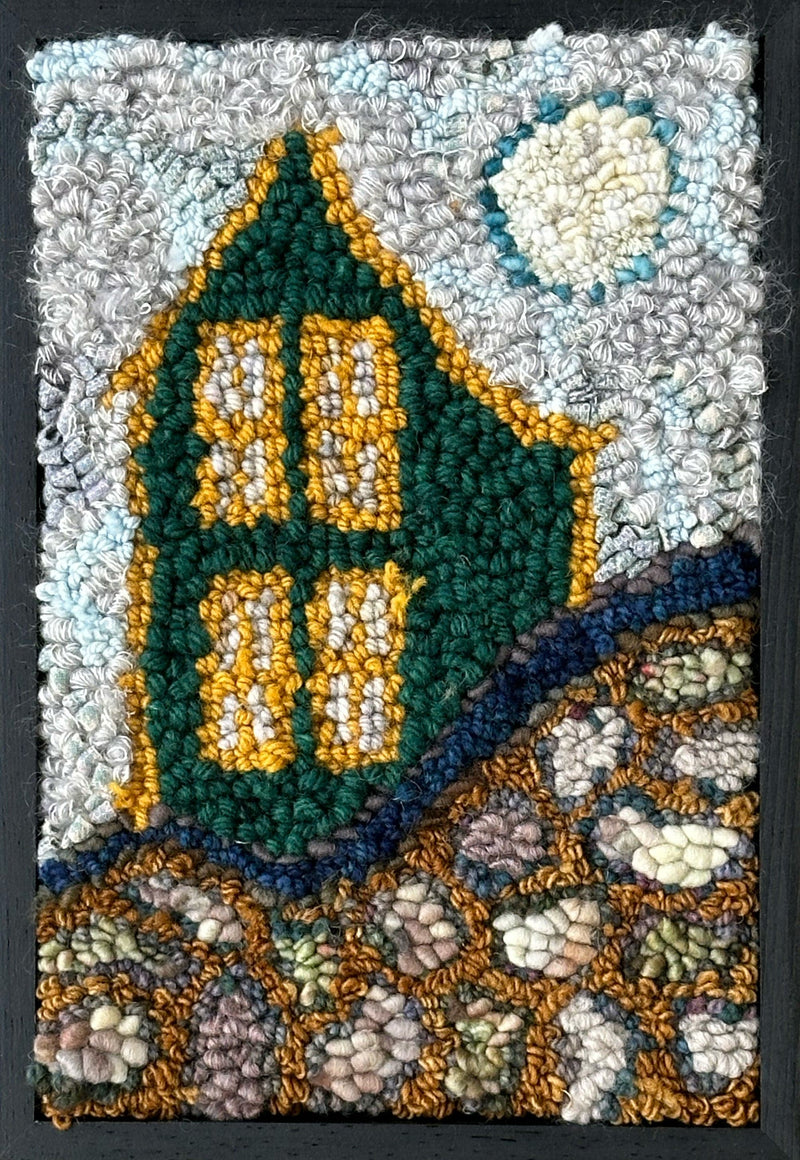 update alt-text with template House on the Cliff #4 9" x 13" Framed-Rugs for sale-Deanne Fitzpatrick Rug Hooking Studio-Rug Hooking Kit -Rug Hooking Pattern -Rug Hooking -Deanne Fitzpatrick Rug Hooking Studio -Is rug hooking the same as punch needle?