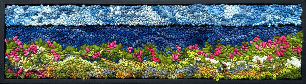 update alt-text with template Roses on the Coast, 29" x 7.5" Framed-Rugs for sale-Deanne Fitzpatrick Rug Hooking Studio-Rug Hooking Kit -Rug Hooking Pattern -Rug Hooking -Deanne Fitzpatrick Rug Hooking Studio -Is rug hooking the same as punch needle?