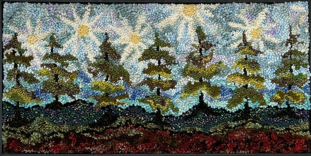 Rugs for sale Sunlit Spruce, 33.25" x 17" Framed Deanne Fitzpatrick hooking rugs rug hooking how to hook rugs kits