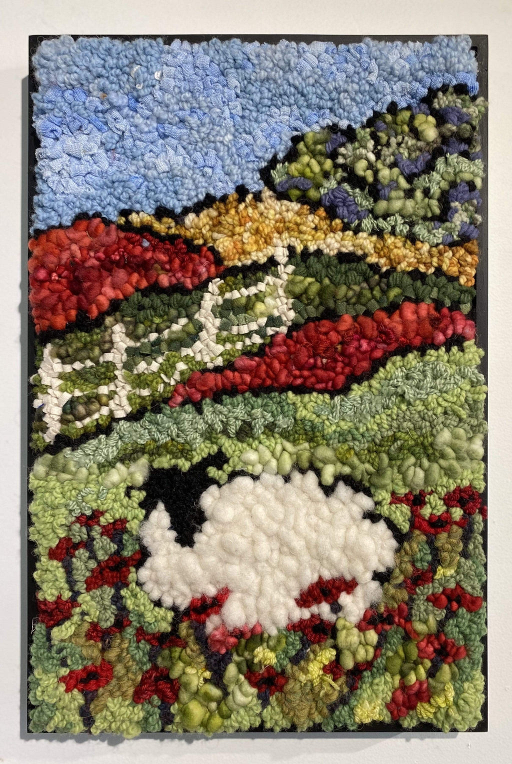 update alt-text with template Sheep in a Field of Poppies - Rug Hooking Kit 11" x 17"-Kits-Deanne Fitzpatrick Rug Hooking Studio-Rug Hooking Kit -Rug Hooking Pattern -Rug Hooking -Deanne Fitzpatrick Rug Hooking Studio -Is rug hooking the same as punch needle?