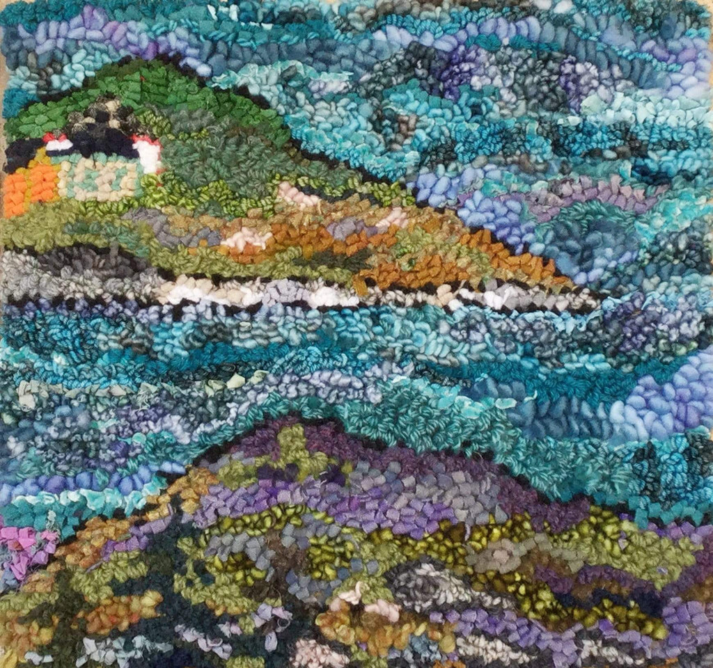 update alt-text with template 3 From every hill, there is a view Rug 16" x 16" Sold-Original Rugs-Deanne Fitzpatrick Rug Hooking Studio-Rug Hooking Kit -Rug Hooking Pattern -Rug Hooking -Deanne Fitzpatrick Rug Hooking Studio -Is rug hooking the same as punch needle?
