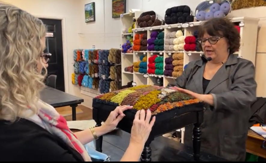 Hooking Rugs at Home for the Holidays and Cathy finishes the Stool