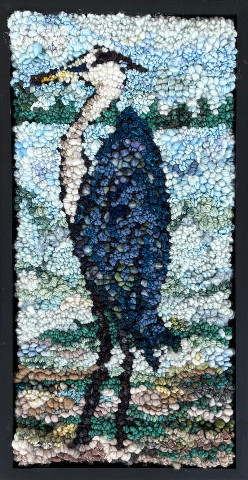 update alt-text with template Blue Heron 9" x 17" Framed Sold-Deanne Fitzpatrick Rug Hooking Studio-Rug Hooking Kit -Rug Hooking Pattern -Rug Hooking -Deanne Fitzpatrick Rug Hooking Studio -Is rug hooking the same as punch needle?