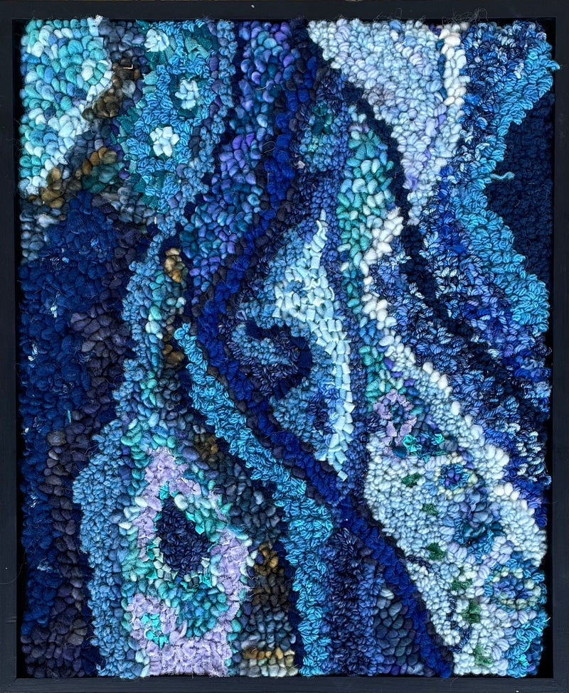update alt-text with template Blue Sea Abstract (Kit Sample) 14.5" x 17.5" Framed-Deanne Fitzpatrick Rug Hooking Studio-Rug Hooking Kit -Rug Hooking Pattern -Rug Hooking -Deanne Fitzpatrick Rug Hooking Studio -Is rug hooking the same as punch needle?