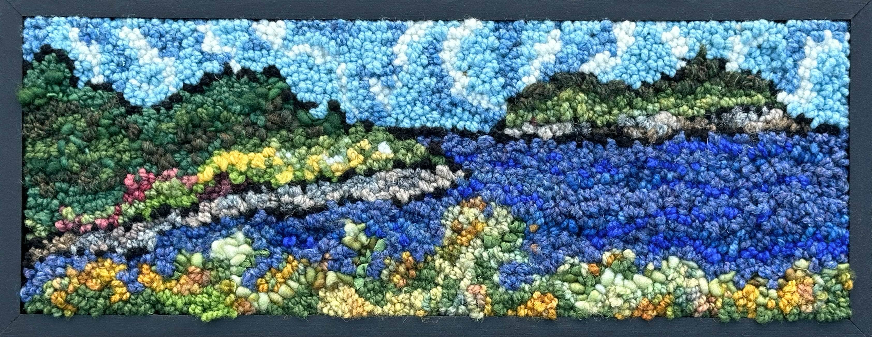 update alt-text with template Blue Water Island 18" x 7" Framed-Deanne Fitzpatrick Rug Hooking Studio-Rug Hooking Kit -Rug Hooking Pattern -Rug Hooking -Deanne Fitzpatrick Rug Hooking Studio -Is rug hooking the same as punch needle?