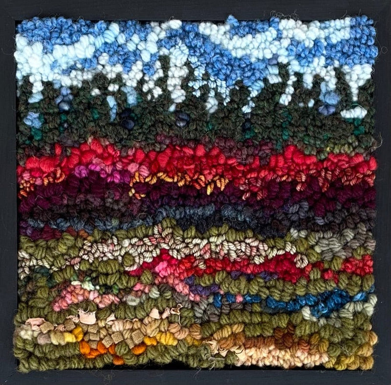 update alt-text with template Blueberry Field 9" x 9" Framed-Deanne Fitzpatrick Rug Hooking Studio-Rug Hooking Kit -Rug Hooking Pattern -Rug Hooking -Deanne Fitzpatrick Rug Hooking Studio -Is rug hooking the same as punch needle?