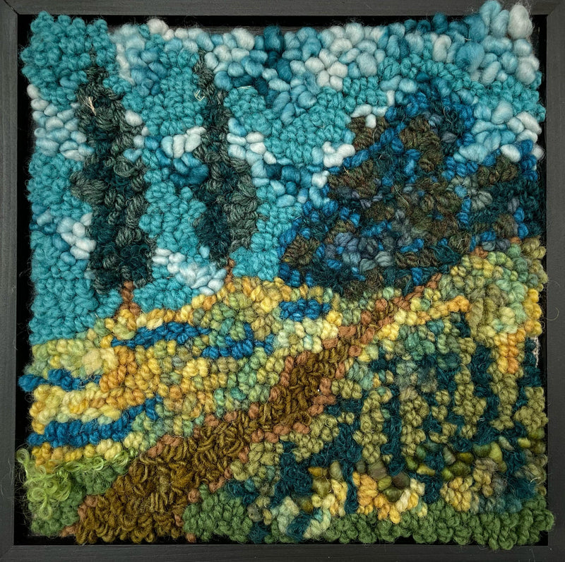 update alt-text with template Cypress Trees 8" x 8" Framed-Deanne Fitzpatrick Rug Hooking Studio-Rug Hooking Kit -Rug Hooking Pattern -Rug Hooking -Deanne Fitzpatrick Rug Hooking Studio -Is rug hooking the same as punch needle?