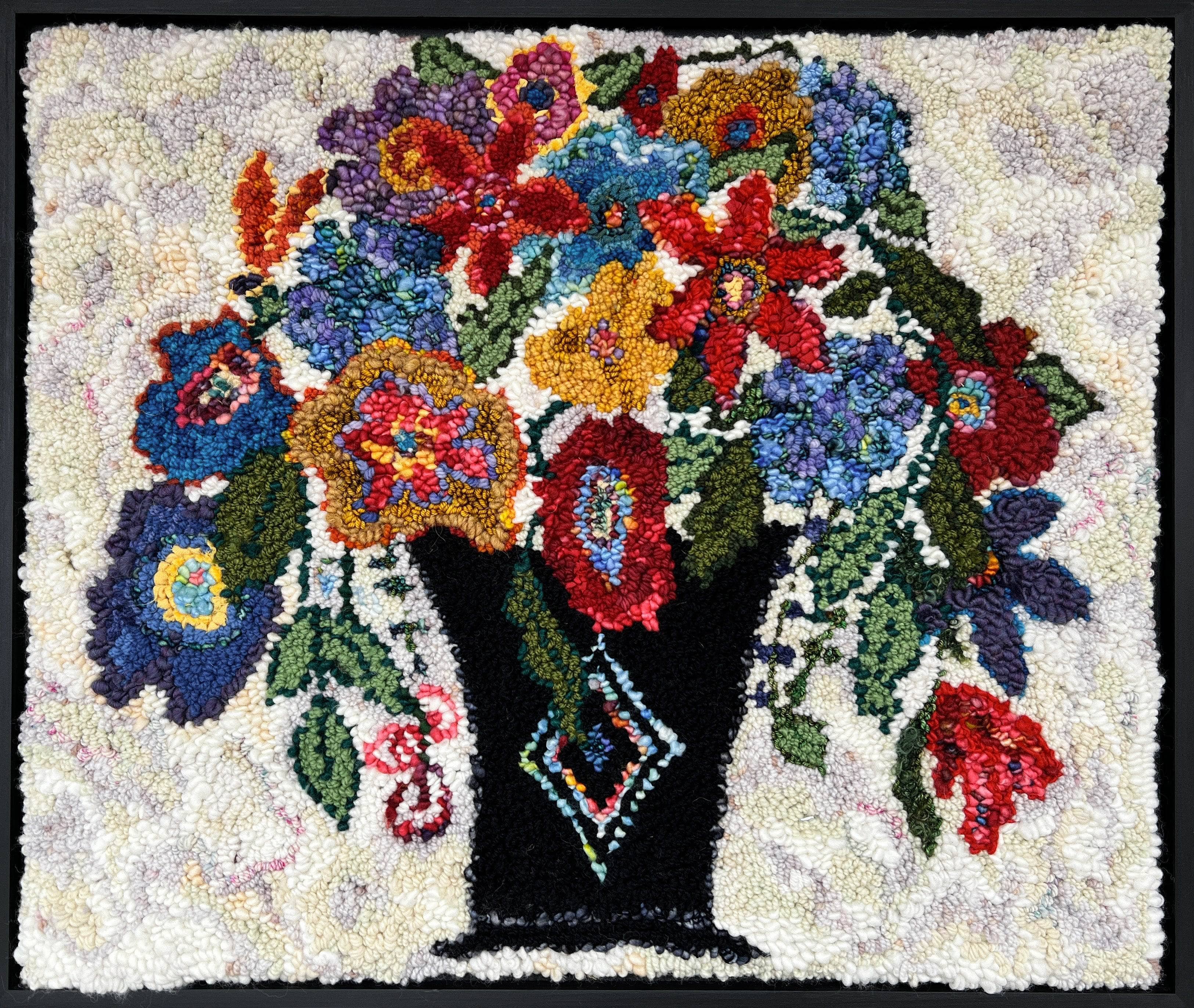 update alt-text with template Garden Bouquet Rug - Kit Sample 22” x28” framed-Deanne Fitzpatrick Rug Hooking Studio-Rug Hooking Kit -Rug Hooking Pattern -Rug Hooking -Deanne Fitzpatrick Rug Hooking Studio -Is rug hooking the same as punch needle?