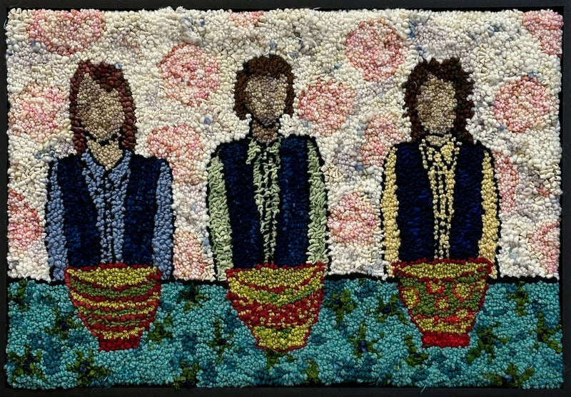 update alt-text with template Girls with Lunch Bowls 28" x 19" Framed-Deanne Fitzpatrick Rug Hooking Studio-Rug Hooking Kit -Rug Hooking Pattern -Rug Hooking -Deanne Fitzpatrick Rug Hooking Studio -Is rug hooking the same as punch needle?