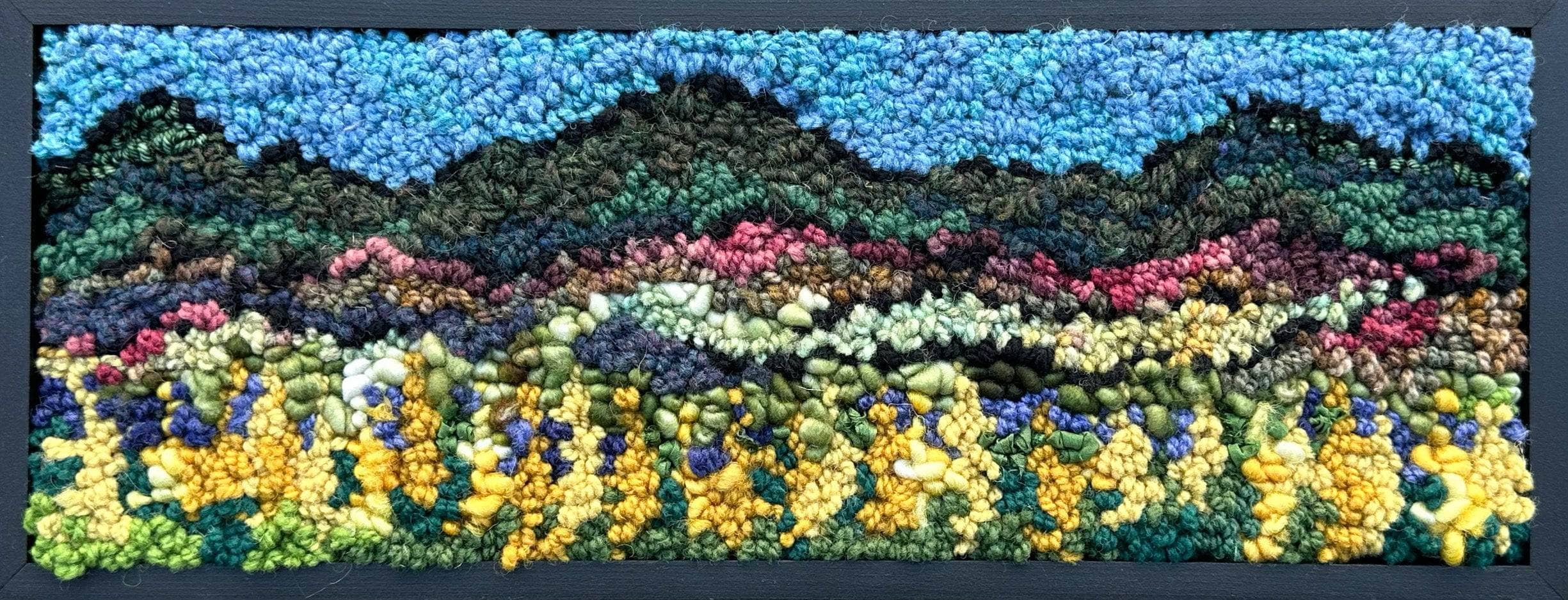 update alt-text with template Golden Rod Mountain 18" x 7" Framed-Deanne Fitzpatrick Rug Hooking Studio-Rug Hooking Kit -Rug Hooking Pattern -Rug Hooking -Deanne Fitzpatrick Rug Hooking Studio -Is rug hooking the same as punch needle?