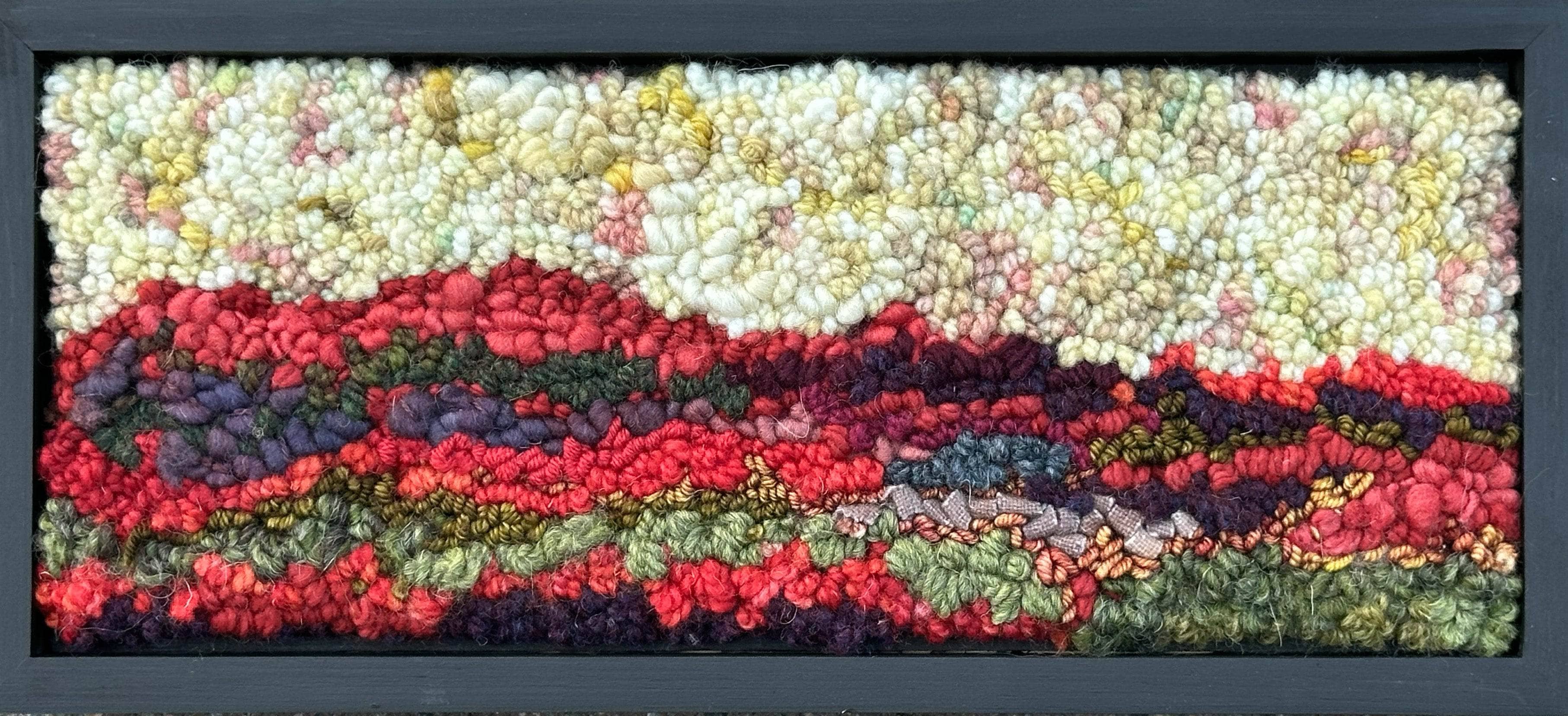 update alt-text with template Golden sky over the blueberry field 6" x 14" Framed-Deanne Fitzpatrick Rug Hooking Studio-Rug Hooking Kit -Rug Hooking Pattern -Rug Hooking -Deanne Fitzpatrick Rug Hooking Studio -Is rug hooking the same as punch needle?