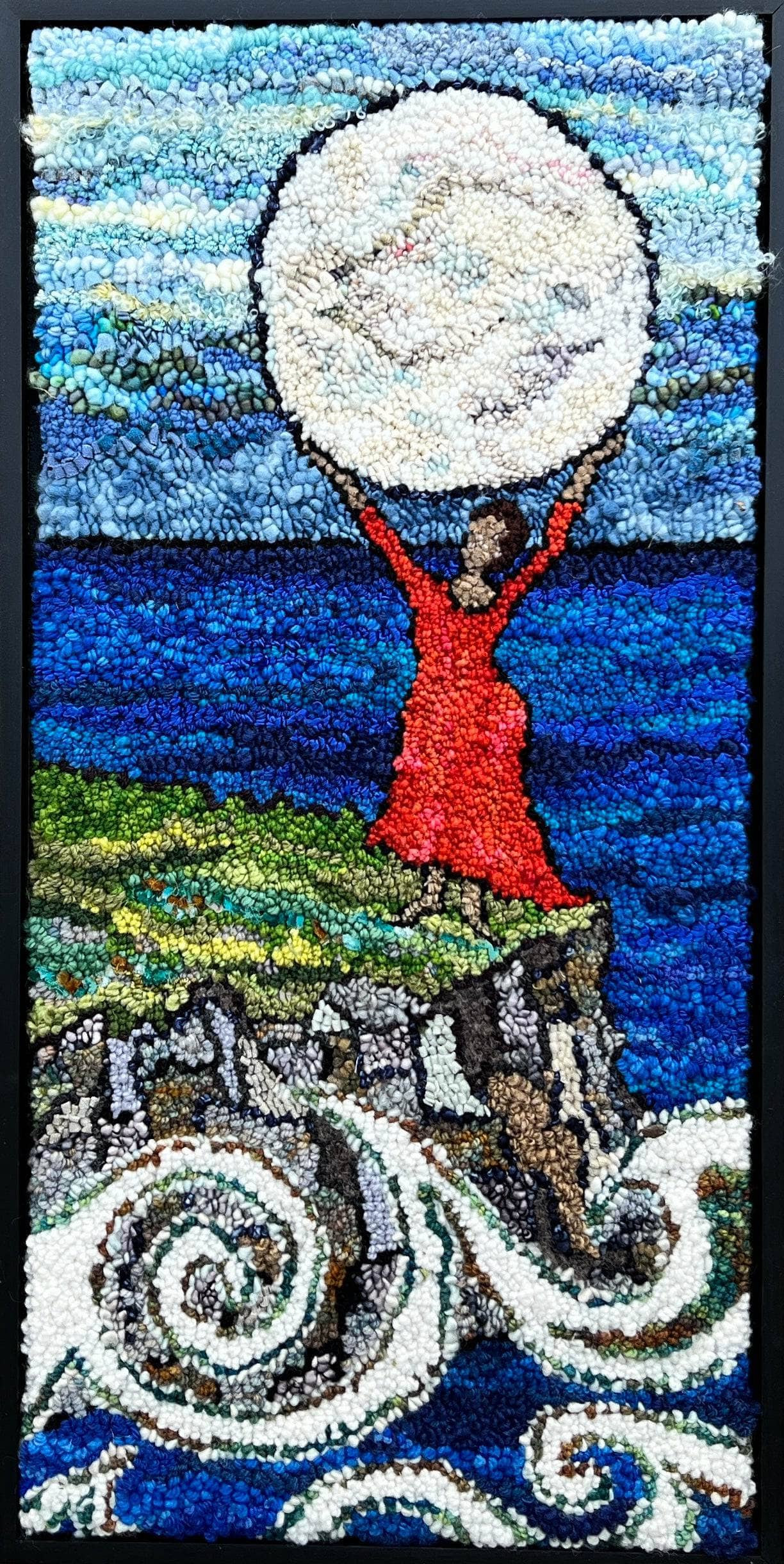 update alt-text with template Holding Up the moon 30”x 14.75” framed-Deanne Fitzpatrick Rug Hooking Studio-Rug Hooking Kit -Rug Hooking Pattern -Rug Hooking -Deanne Fitzpatrick Rug Hooking Studio -Is rug hooking the same as punch needle?