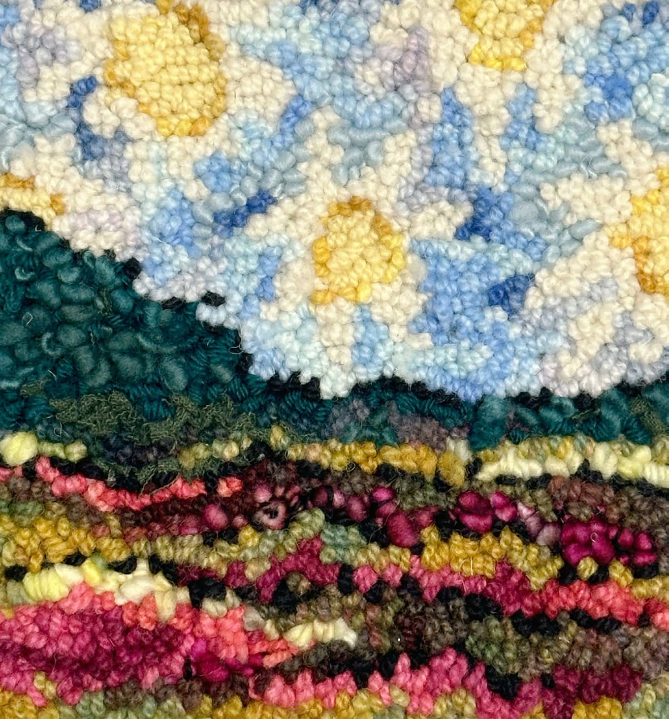 update alt-text with template Flowers In The Sky 8" X 8" - Kit W/ Linen Pattern-Kits-Deanne Fitzpatrick Rug Hooking Studio-Rug Hooking Kit -Rug Hooking Pattern -Rug Hooking -Deanne Fitzpatrick Rug Hooking Studio -Is rug hooking the same as punch needle?