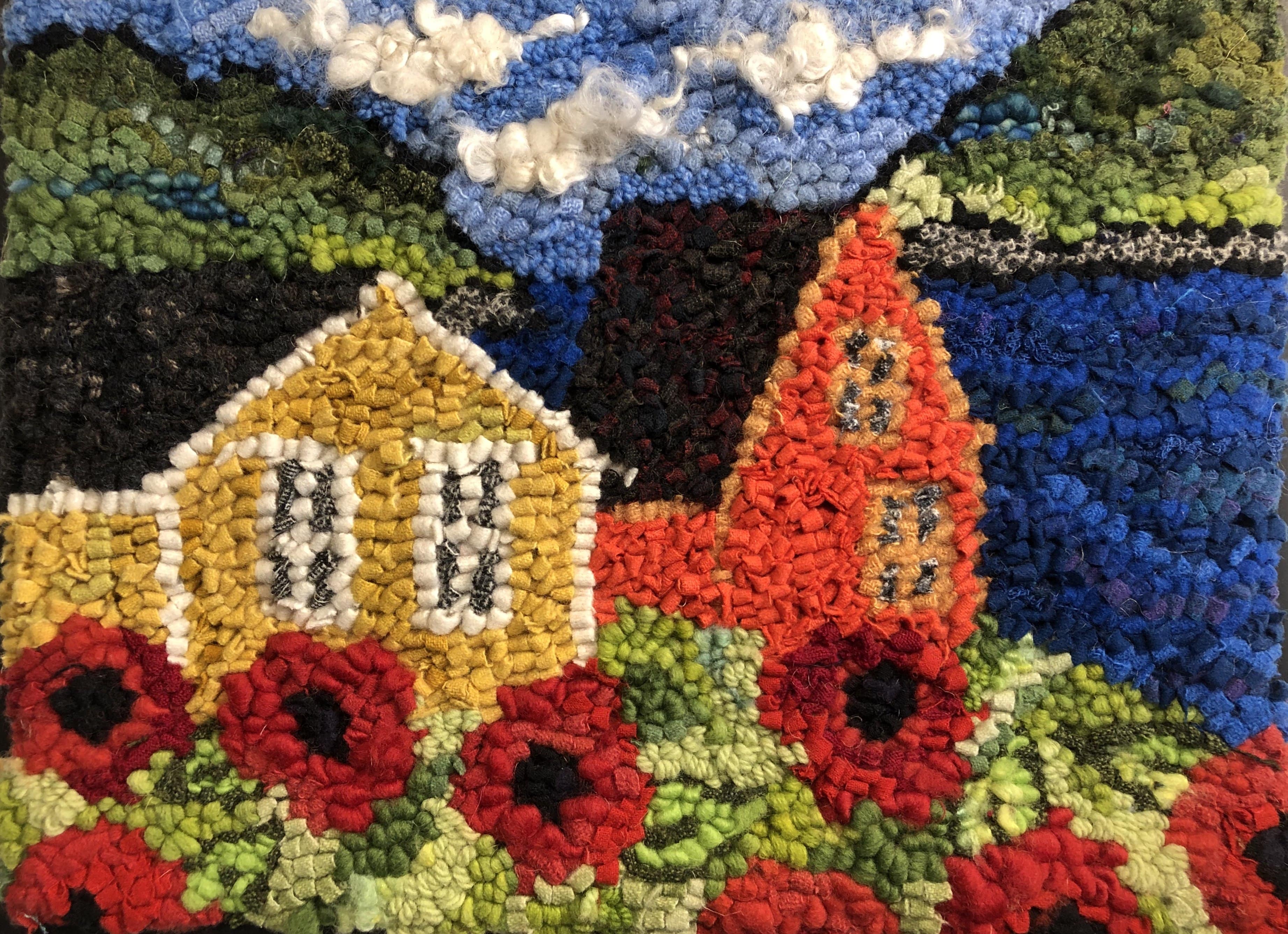 update alt-text with template Poppies on the Edge of Town 11" x 14" Kit-Kits-Deanne Fitzpatrick Rug Hooking Studio-Rug Hooking Kit -Rug Hooking Pattern -Rug Hooking -Deanne Fitzpatrick Rug Hooking Studio -Is rug hooking the same as punch needle?