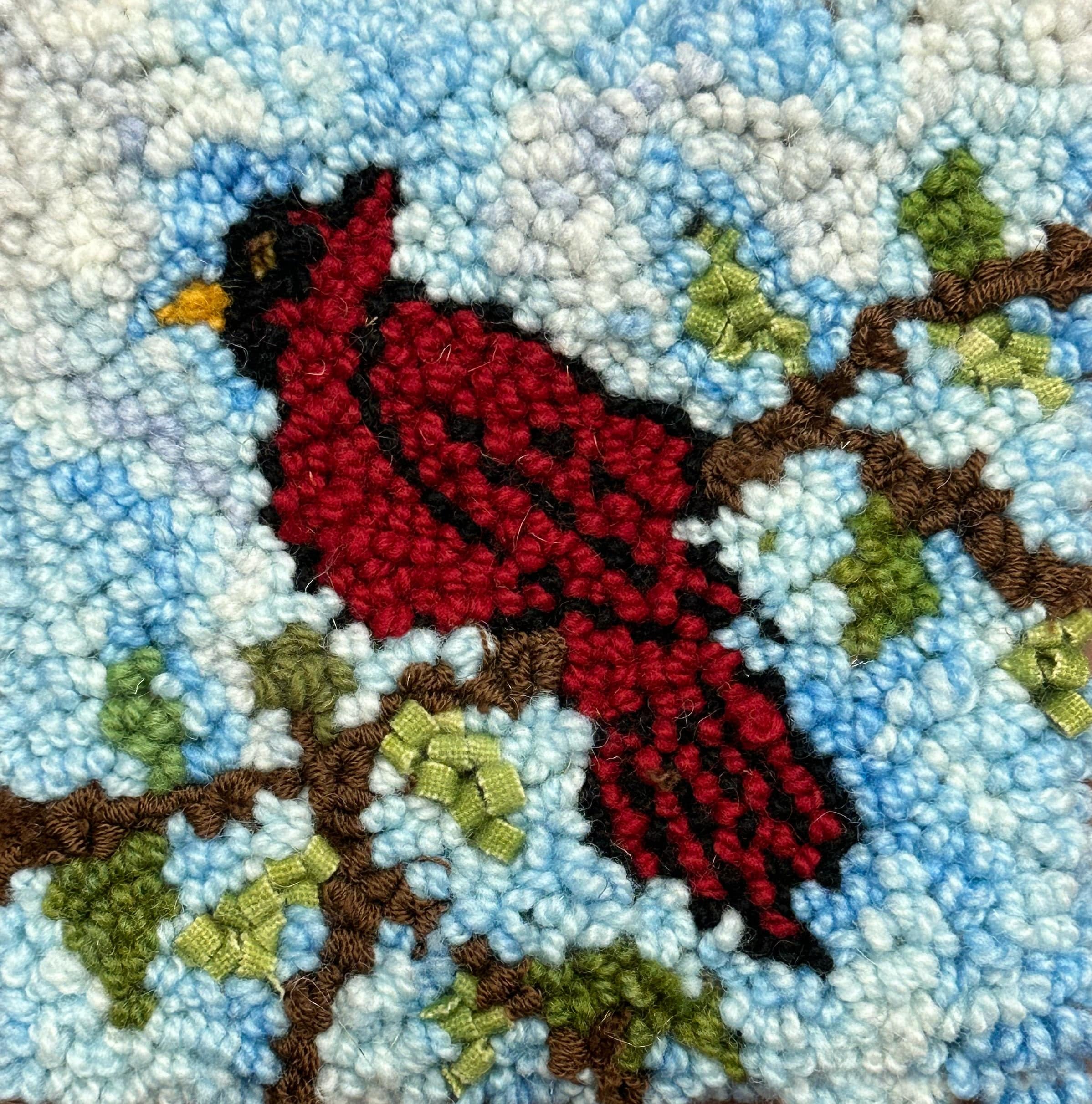 update alt-text with template New for 2024 - A Cardinal In Every Bush - Rug Hooking Kit 6" x 6"-Kits-Deanne Fitzpatrick Rug Hooking Studio-Rug Hooking Kit -Rug Hooking Pattern -Rug Hooking -Deanne Fitzpatrick Rug Hooking Studio -Is rug hooking the same as punch needle?