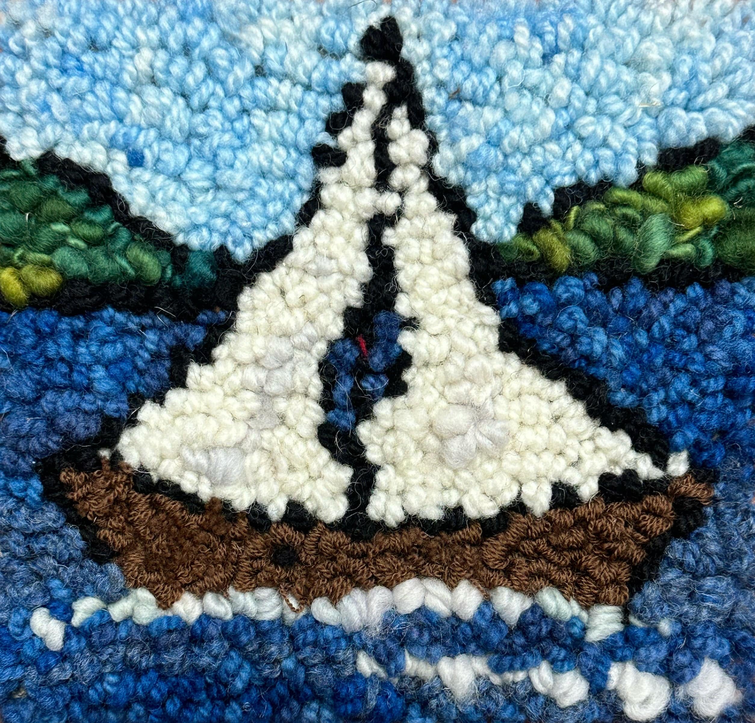 update alt-text with template Schooner on the Bay - Rug Hooking Kit 6" x 6"-Kits-Deanne Fitzpatrick Rug Hooking Studio-Rug Hooking Kit -Rug Hooking Pattern -Rug Hooking -Deanne Fitzpatrick Rug Hooking Studio -Is rug hooking the same as punch needle?