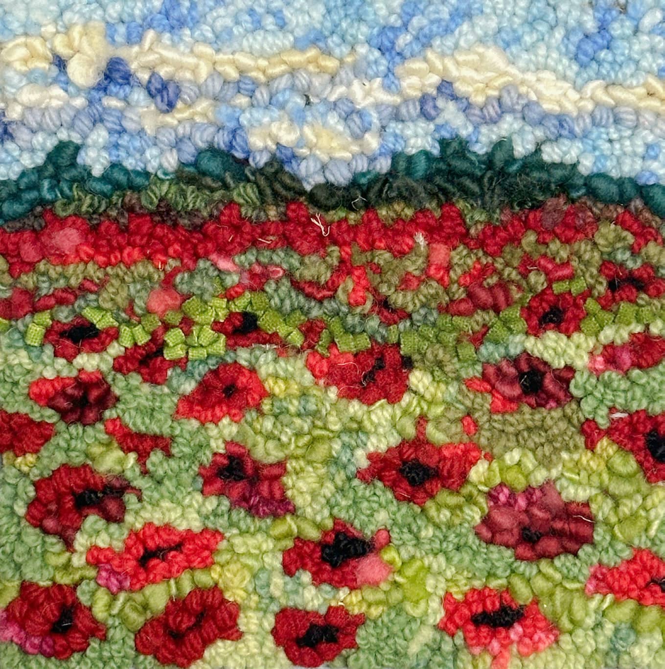 update alt-text with template Poppies Under A Blue Sky 8" X 8" - Kit W/ Linen Pattern-Kits-Deanne Fitzpatrick Rug Hooking Studio-Rug Hooking Kit -Rug Hooking Pattern -Rug Hooking -Deanne Fitzpatrick Rug Hooking Studio -Is rug hooking the same as punch needle?