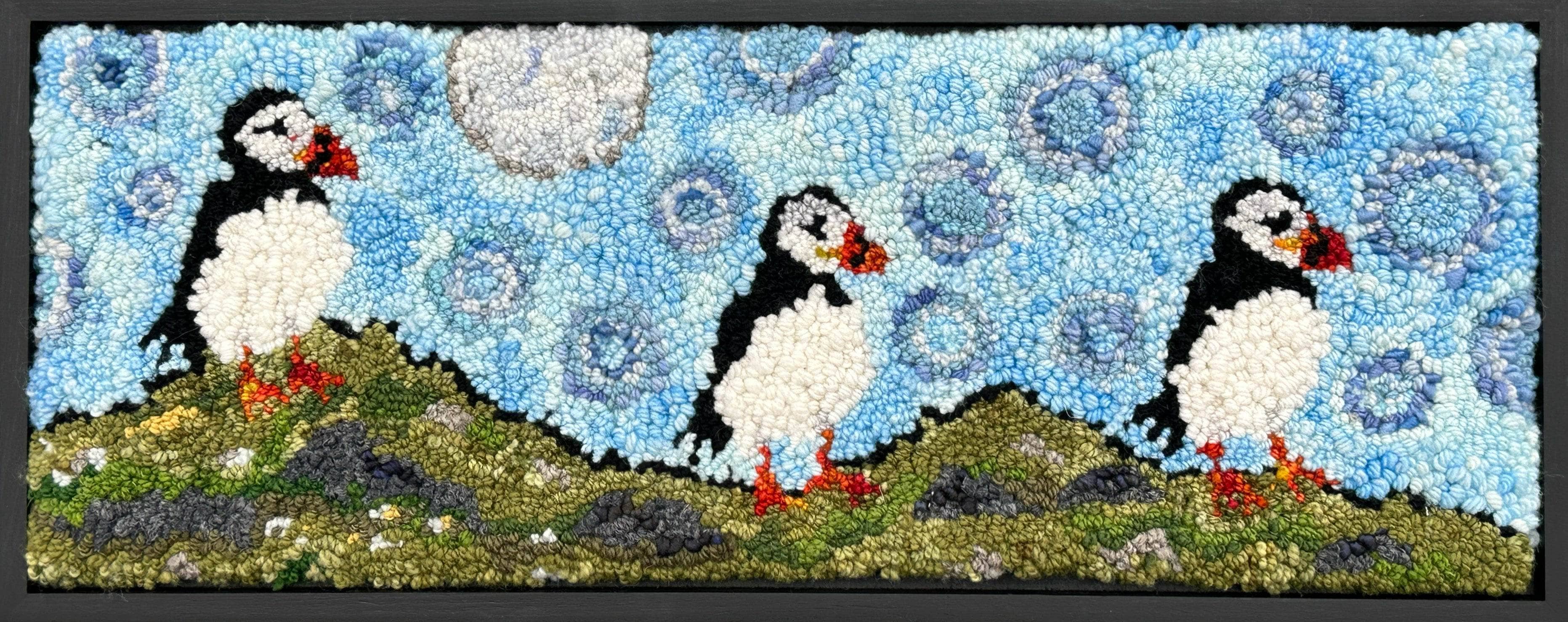 update alt-text with template Three Puffins 24" x 9" Pattern or Kit-Kits-Deanne Fitzpatrick Rug Hooking Studio-Rug Hooking Kit -Rug Hooking Pattern -Rug Hooking -Deanne Fitzpatrick Rug Hooking Studio -Is rug hooking the same as punch needle?