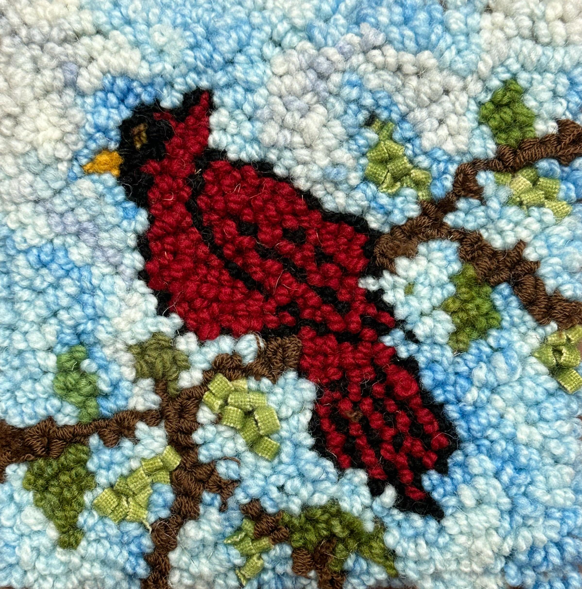 update alt-text with template WHOLESALE: A Cardinal In Every Bush - Rug Hooking Kit 6" X 6"-Kits-Deanne Fitzpatrick Rug Hooking Studio-Rug Hooking Kit -Rug Hooking Pattern -Rug Hooking -Deanne Fitzpatrick Rug Hooking Studio -Is rug hooking the same as punch needle?