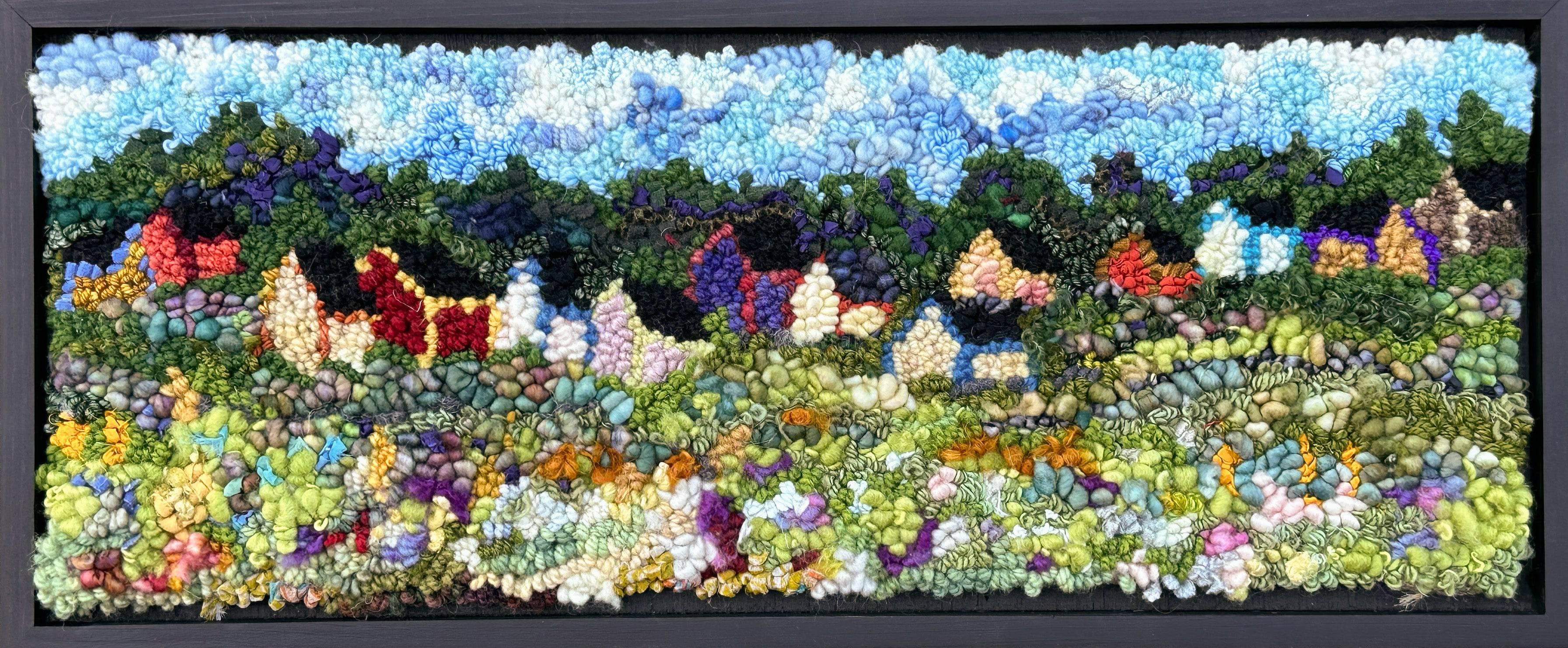 update alt-text with template Little Houses on the Edge of the Village 24" x 10.5" Framed-Deanne Fitzpatrick Rug Hooking Studio-Rug Hooking Kit -Rug Hooking Pattern -Rug Hooking -Deanne Fitzpatrick Rug Hooking Studio -Is rug hooking the same as punch needle?