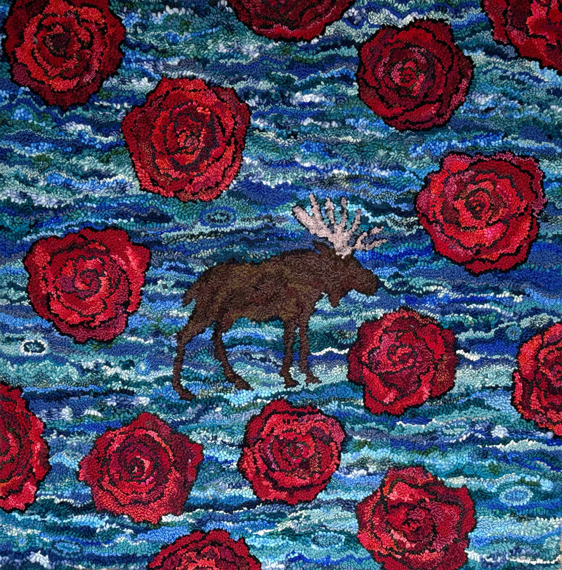 update alt-text with template Moose and the Floating Roses 45" x 46"-Deanne Fitzpatrick Rug Hooking Studio-Rug Hooking Kit -Rug Hooking Pattern -Rug Hooking -Deanne Fitzpatrick Rug Hooking Studio -Is rug hooking the same as punch needle?