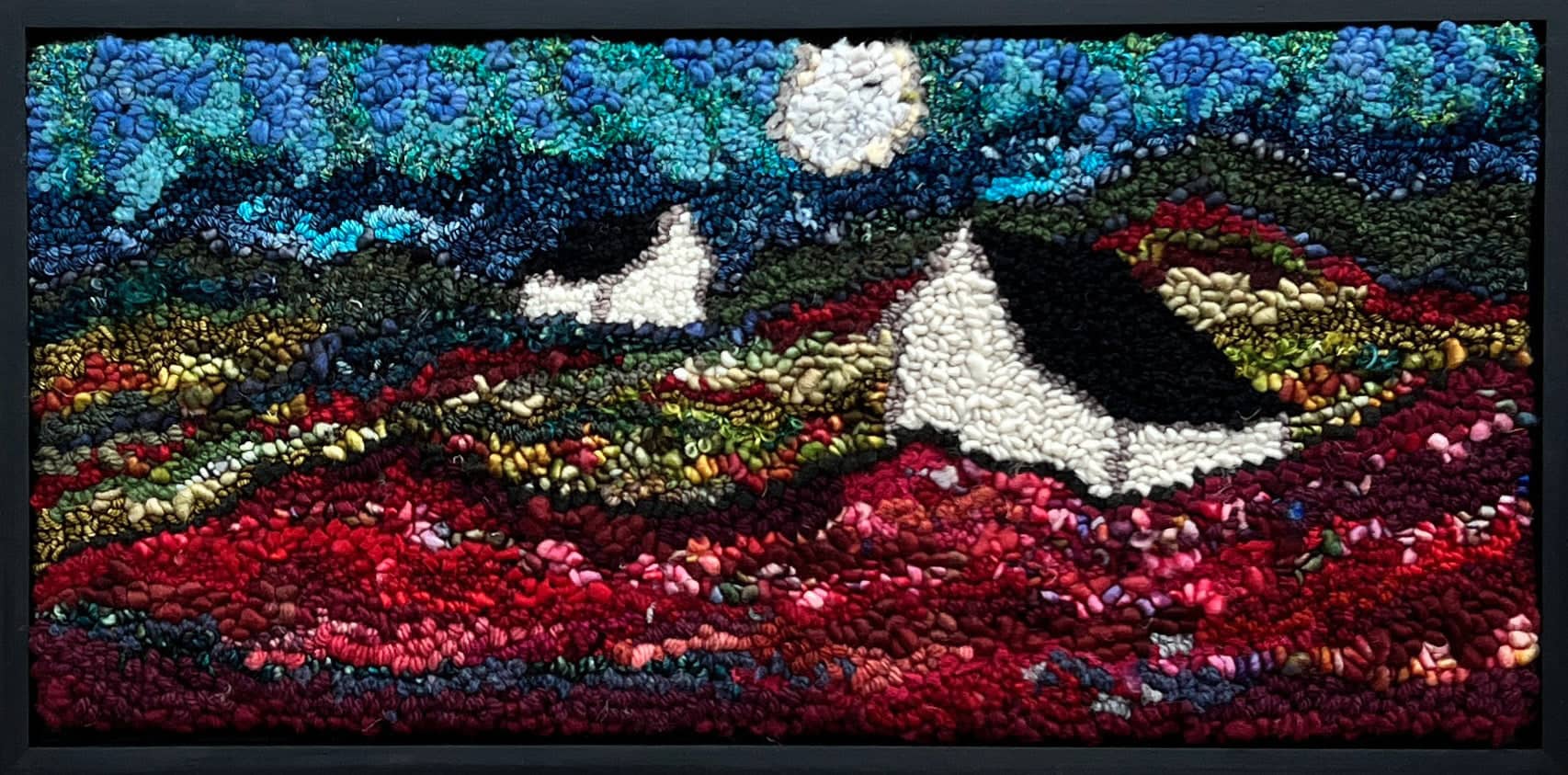 update alt-text with template Blueberry Moon 11.5" x 23" Framed-Original Rugs-Deanne Fitzpatrick Rug Hooking Studio-Rug Hooking Kit -Rug Hooking Pattern -Rug Hooking -Deanne Fitzpatrick Rug Hooking Studio -Is rug hooking the same as punch needle?