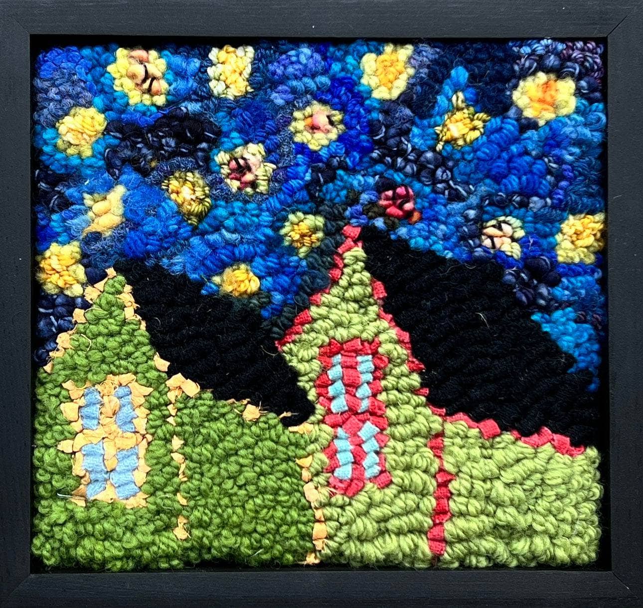 update alt-text with template Bright Green Houses 7 3/4'' x 8 1/4" Framed-Original Rugs-Deanne Fitzpatrick Rug Hooking Studio-Rug Hooking Kit -Rug Hooking Pattern -Rug Hooking -Deanne Fitzpatrick Rug Hooking Studio -Is rug hooking the same as punch needle?