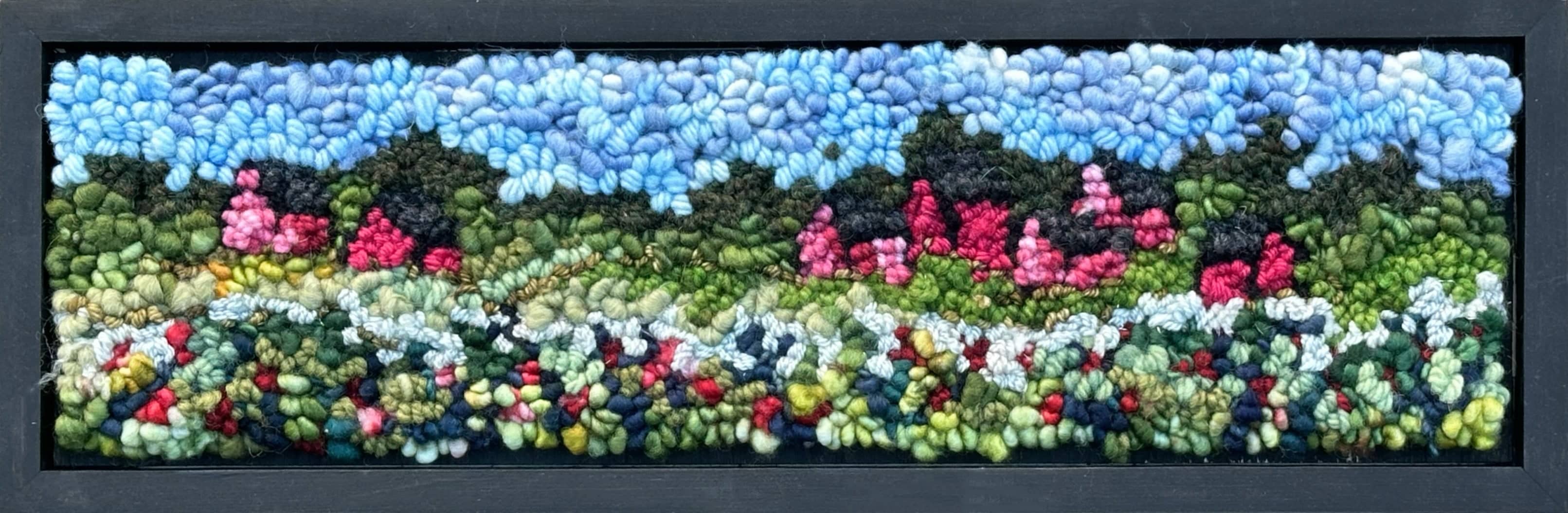 update alt-text with template Bright Pink Houses 17.5" x 5.75" Framed-Original Rugs-Deanne Fitzpatrick Rug Hooking Studio-Rug Hooking Kit -Rug Hooking Pattern -Rug Hooking -Deanne Fitzpatrick Rug Hooking Studio -Is rug hooking the same as punch needle?