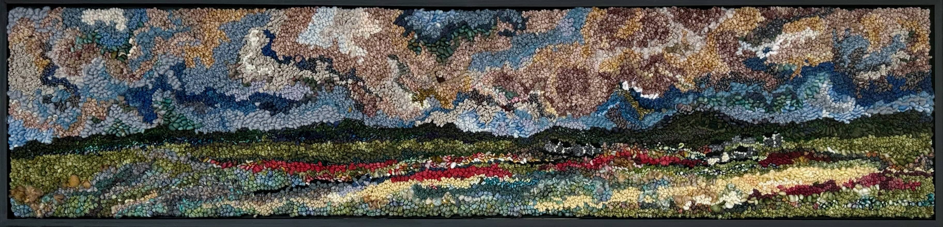 update alt-text with template Broody Sky Over the Marsh 52" x 13" Framed-Original Rugs-Deanne Fitzpatrick Rug Hooking Studio-Rug Hooking Kit -Rug Hooking Pattern -Rug Hooking -Deanne Fitzpatrick Rug Hooking Studio -Is rug hooking the same as punch needle?