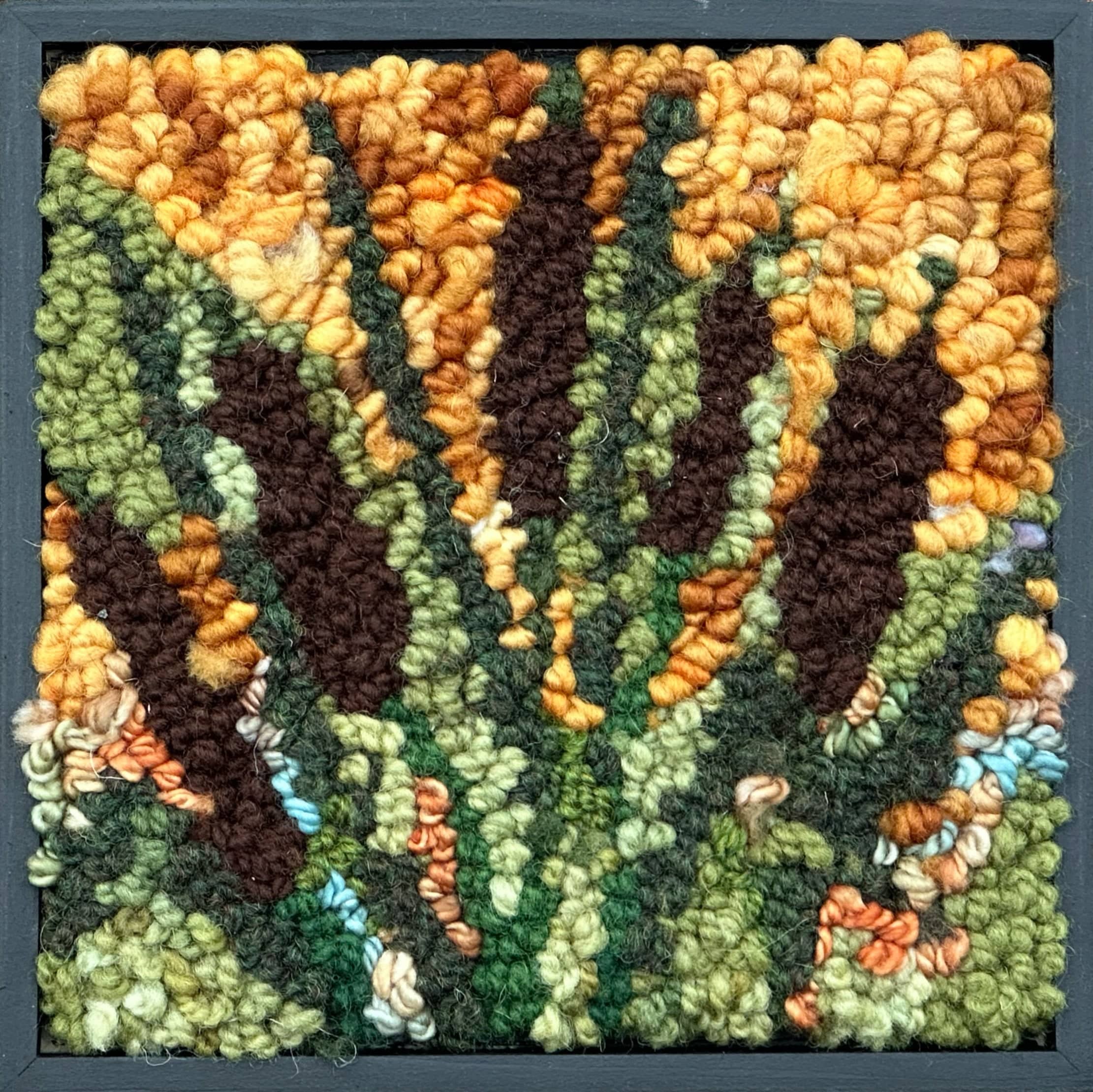 update alt-text with template Cat Tails Under a Golden Sky 7" x 7" Framed-Original Rugs-Deanne Fitzpatrick Rug Hooking Studio-Rug Hooking Kit -Rug Hooking Pattern -Rug Hooking -Deanne Fitzpatrick Rug Hooking Studio -Is rug hooking the same as punch needle?