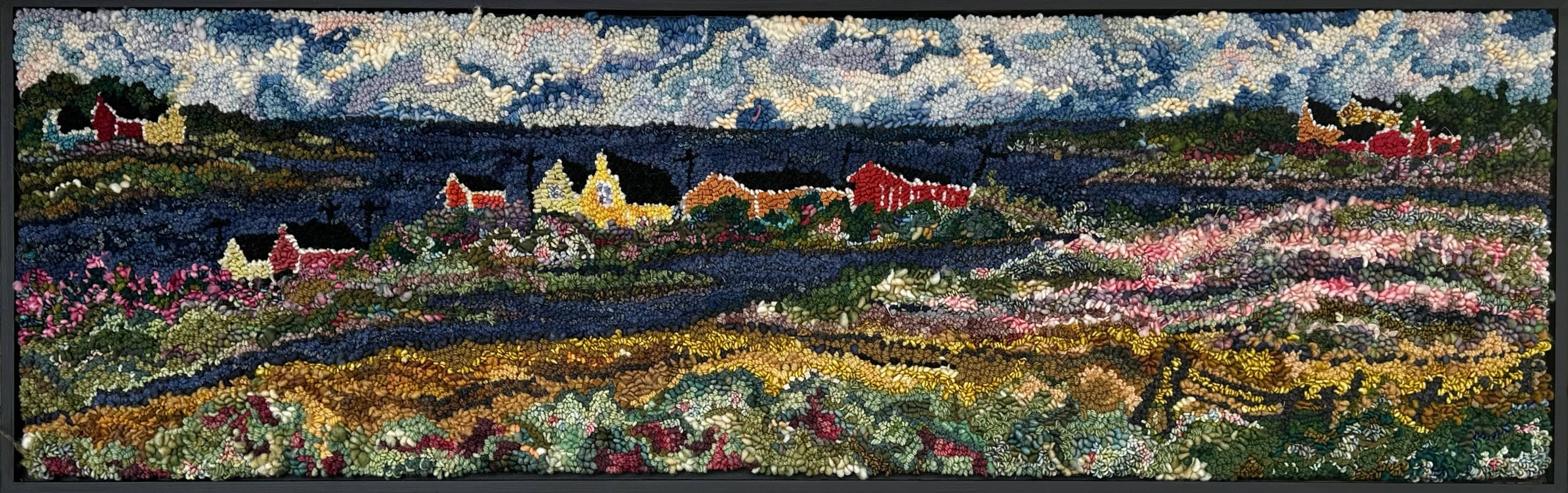update alt-text with template Flower Fields on the Strait 54" x 17.5" Framed-Original Rugs-Deanne Fitzpatrick Rug Hooking Studio-Rug Hooking Kit -Rug Hooking Pattern -Rug Hooking -Deanne Fitzpatrick Rug Hooking Studio -Is rug hooking the same as punch needle?