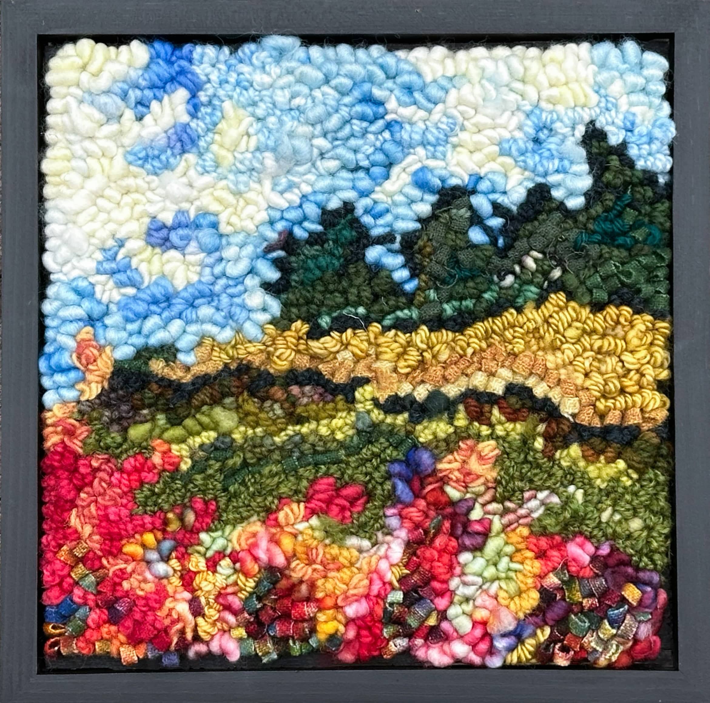 update alt-text with template Gold Field and Bushes 9.5" x 9.5" Framed-Original Rugs-Deanne Fitzpatrick Rug Hooking Studio-Rug Hooking Kit -Rug Hooking Pattern -Rug Hooking -Deanne Fitzpatrick Rug Hooking Studio -Is rug hooking the same as punch needle?