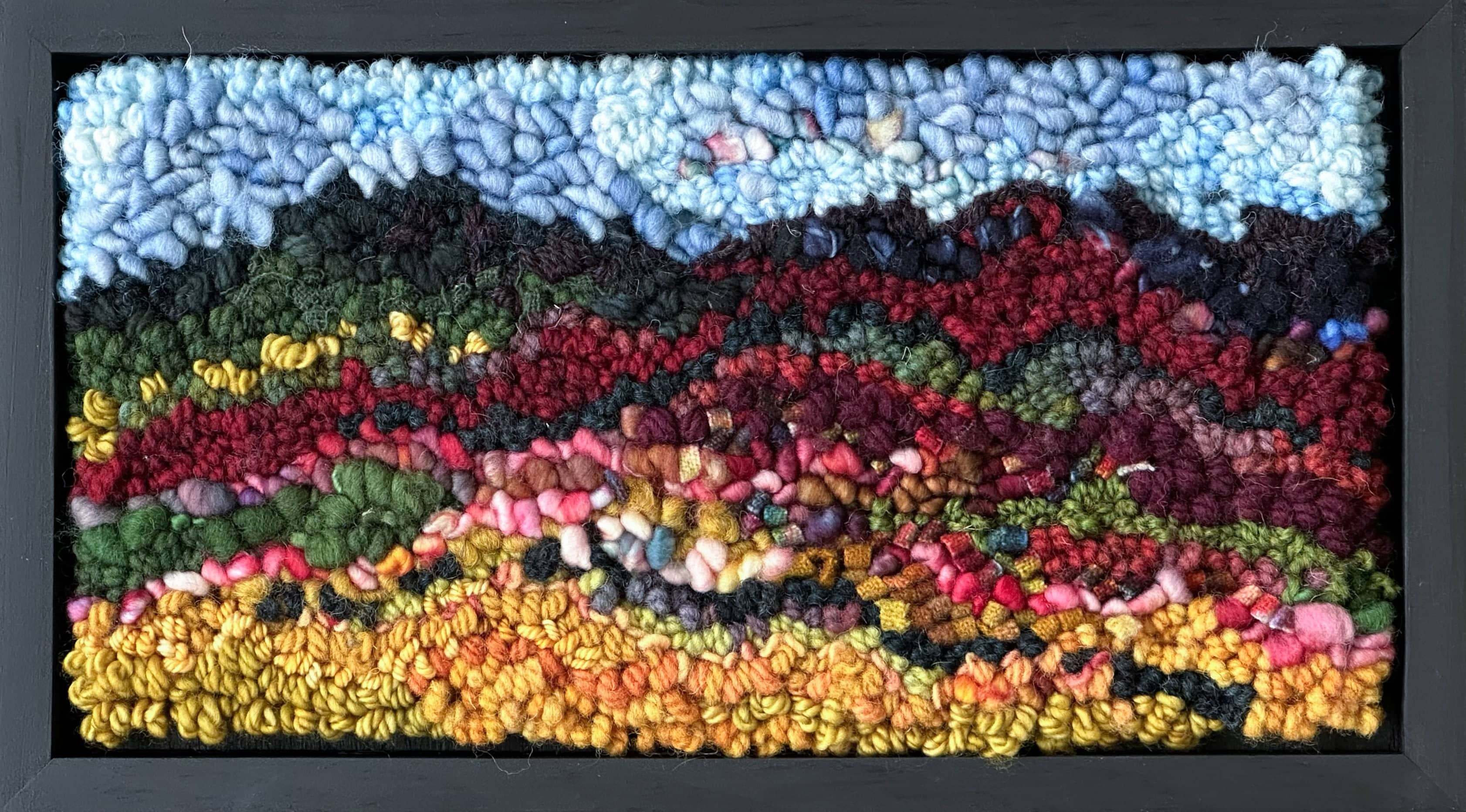 update alt-text with template Gold Field below the Red Mountain 12" x 6.5" Framed-Original Rugs-Deanne Fitzpatrick Rug Hooking Studio-Rug Hooking Kit -Rug Hooking Pattern -Rug Hooking -Deanne Fitzpatrick Rug Hooking Studio -Is rug hooking the same as punch needle?