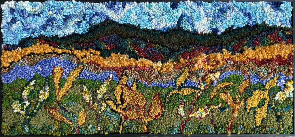 update alt-text with template Gold Leaf in the Field - 27" x 10" Framed-Original Rugs-Deanne Fitzpatrick Rug Hooking Studio-Rug Hooking Kit -Rug Hooking Pattern -Rug Hooking -Deanne Fitzpatrick Rug Hooking Studio -Is rug hooking the same as punch needle?