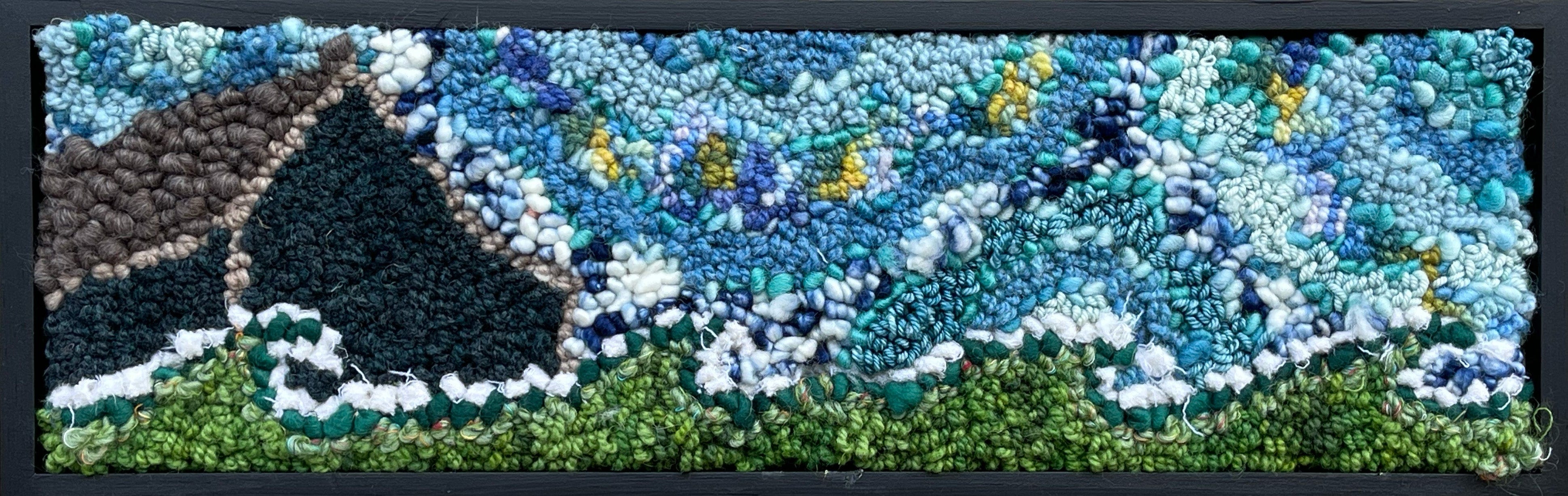 update alt-text with template Green Wave and Barn #1 - 21" x 6.75" Framed-Original Rugs-Deanne Fitzpatrick Rug Hooking Studio-Rug Hooking Kit -Rug Hooking Pattern -Rug Hooking -Deanne Fitzpatrick Rug Hooking Studio -Is rug hooking the same as punch needle?