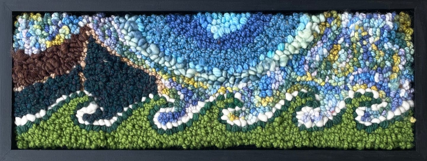 update alt-text with template Green Wave and Barn #2 - 16.5" x 6.5" Framed-Original Rugs-Deanne Fitzpatrick Rug Hooking Studio-Rug Hooking Kit -Rug Hooking Pattern -Rug Hooking -Deanne Fitzpatrick Rug Hooking Studio -Is rug hooking the same as punch needle?