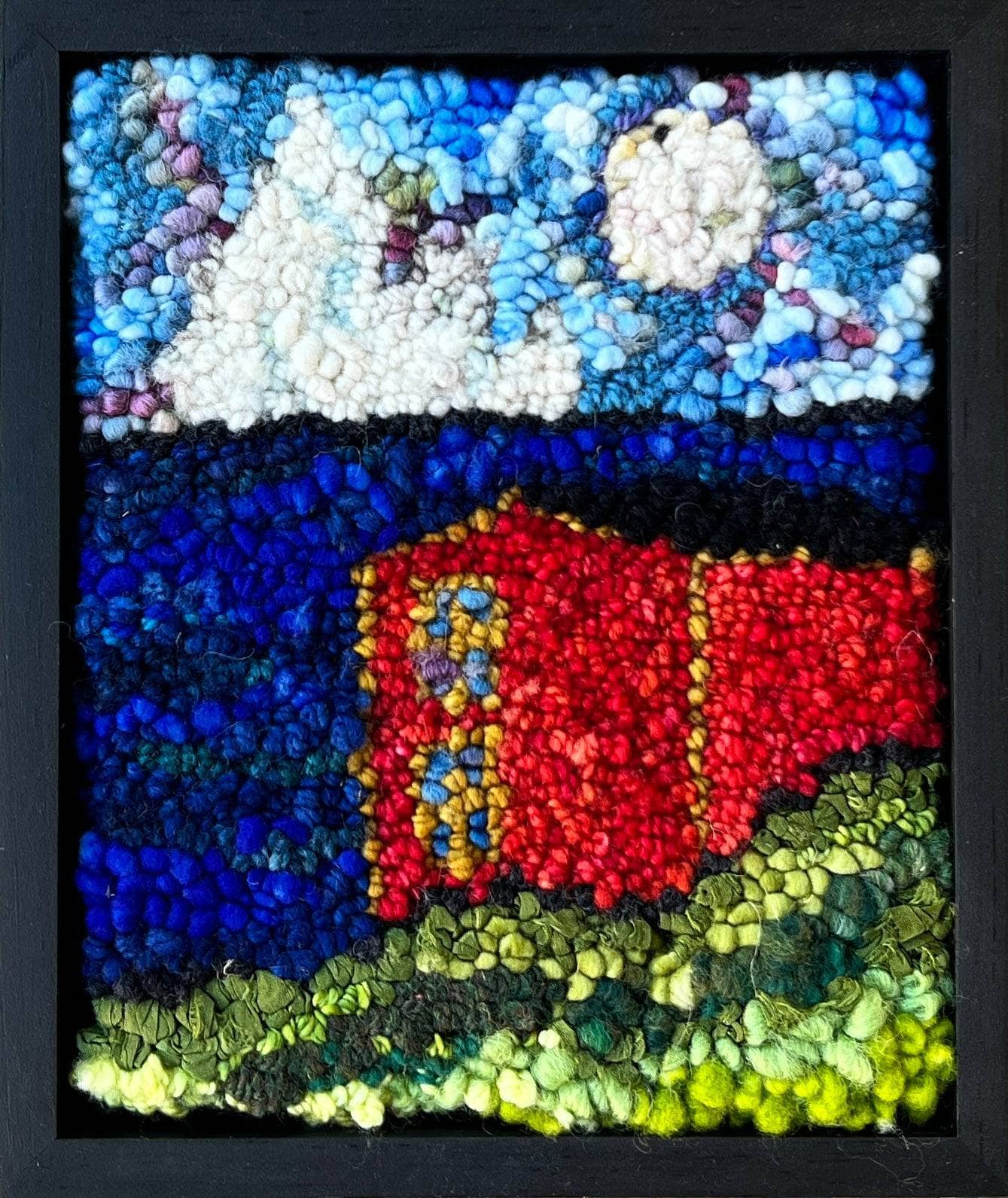 update alt-text with template Ice Berg and Moon 9 3/4'' x 8 1/4" Framed-Original Rugs-Deanne Fitzpatrick Rug Hooking Studio-Rug Hooking Kit -Rug Hooking Pattern -Rug Hooking -Deanne Fitzpatrick Rug Hooking Studio -Is rug hooking the same as punch needle?