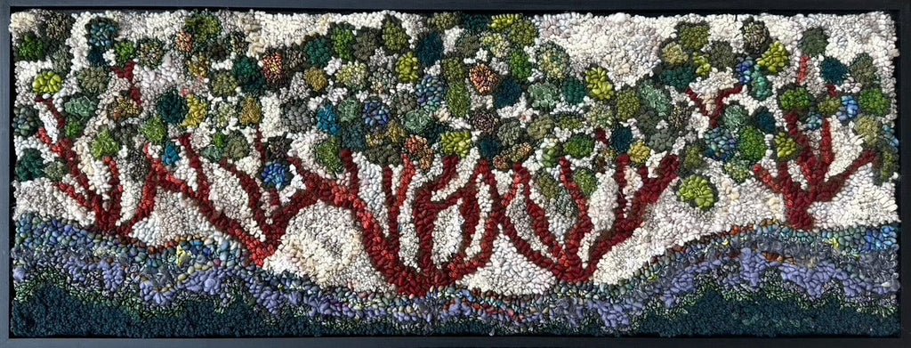 update alt-text with template Into the Orchard - 40.5" x 14.5" Framed-Original Rugs-Deanne Fitzpatrick Rug Hooking Studio-Rug Hooking Kit -Rug Hooking Pattern -Rug Hooking -Deanne Fitzpatrick Rug Hooking Studio -Is rug hooking the same as punch needle?
