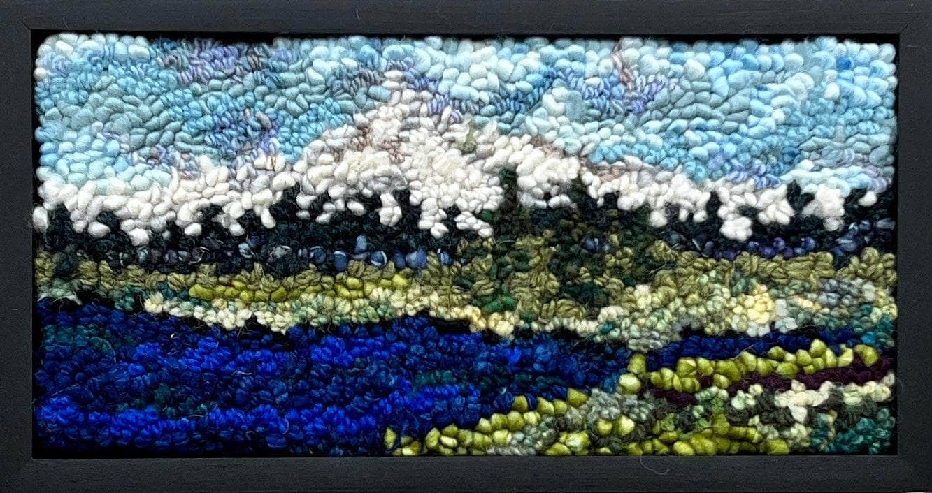 update alt-text with template Lake at the Mountain 6 3/4'' x 12 3/4" Framed-Original Rugs-Deanne Fitzpatrick Rug Hooking Studio-Rug Hooking Kit -Rug Hooking Pattern -Rug Hooking -Deanne Fitzpatrick Rug Hooking Studio -Is rug hooking the same as punch needle?