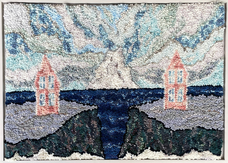 update alt-text with template Little Pink Houses on Cold Cliffs - 32.5" x 24" Framed-Original Rugs-Deanne Fitzpatrick Rug Hooking Studio-Rug Hooking Kit -Rug Hooking Pattern -Rug Hooking -Deanne Fitzpatrick Rug Hooking Studio -Is rug hooking the same as punch needle?