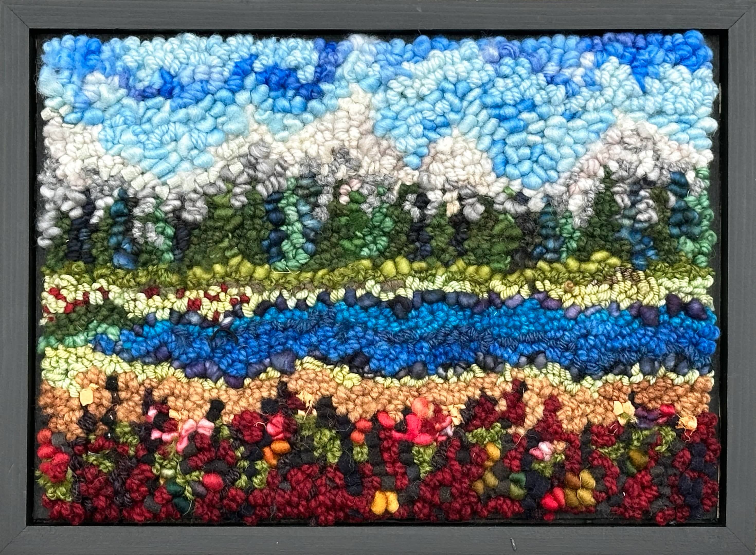 update alt-text with template Marsh and Berries on the Lake 9.5" x 9.5" Framed-Original Rugs-Deanne Fitzpatrick Rug Hooking Studio-Rug Hooking Kit -Rug Hooking Pattern -Rug Hooking -Deanne Fitzpatrick Rug Hooking Studio -Is rug hooking the same as punch needle?