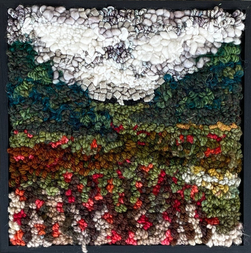 update alt-text with template Mystery in the Red Brambles - 8" x 8" Framed-Original Rugs-Deanne Fitzpatrick Rug Hooking Studio-Rug Hooking Kit -Rug Hooking Pattern -Rug Hooking -Deanne Fitzpatrick Rug Hooking Studio -Is rug hooking the same as punch needle?