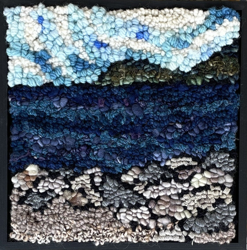 update alt-text with template Mystery of the Beach Rocks at Deep Cove - 8" x 8" Framed-Original Rugs-Deanne Fitzpatrick Rug Hooking Studio-Rug Hooking Kit -Rug Hooking Pattern -Rug Hooking -Deanne Fitzpatrick Rug Hooking Studio -Is rug hooking the same as punch needle?
