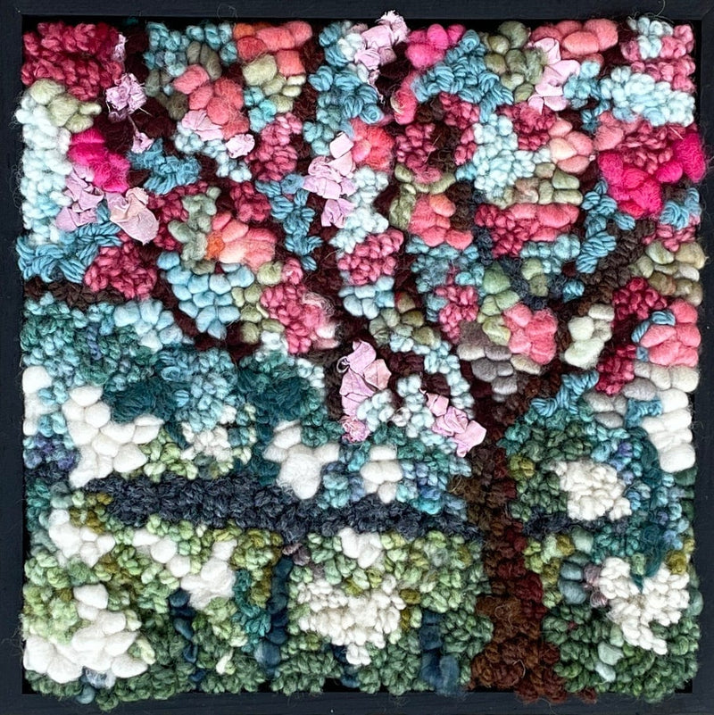 update alt-text with template Mystery of the Blossoming Branch - 8" x 8" Framed-Original Rugs-Deanne Fitzpatrick Rug Hooking Studio-Rug Hooking Kit -Rug Hooking Pattern -Rug Hooking -Deanne Fitzpatrick Rug Hooking Studio -Is rug hooking the same as punch needle?