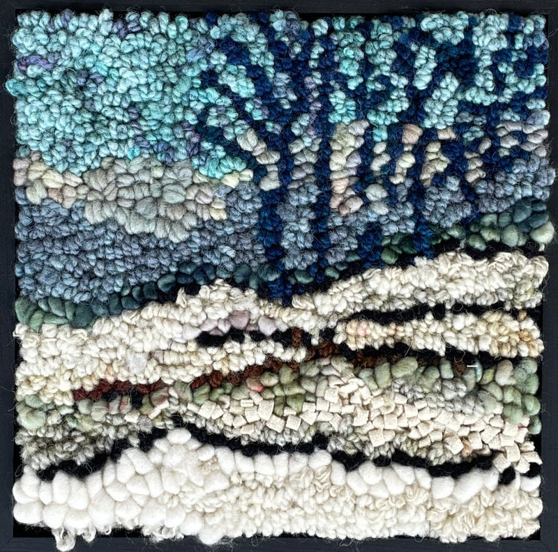 update alt-text with template Mystery of the Blue Trees in Snow - 8" x 8" Framed-Original Rugs-Deanne Fitzpatrick Rug Hooking Studio-Rug Hooking Kit -Rug Hooking Pattern -Rug Hooking -Deanne Fitzpatrick Rug Hooking Studio -Is rug hooking the same as punch needle?