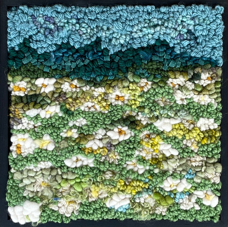 update alt-text with template Mystery of the Daisies in the Field - 8" x 8" Framed-Original Rugs-Deanne Fitzpatrick Rug Hooking Studio-Rug Hooking Kit -Rug Hooking Pattern -Rug Hooking -Deanne Fitzpatrick Rug Hooking Studio -Is rug hooking the same as punch needle?