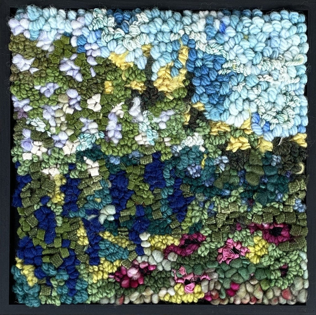 update alt-text with template Mystery of the Impressionist's Garden - 8" x 8" Framed-Original Rugs-Deanne Fitzpatrick Rug Hooking Studio-Rug Hooking Kit -Rug Hooking Pattern -Rug Hooking -Deanne Fitzpatrick Rug Hooking Studio -Is rug hooking the same as punch needle?