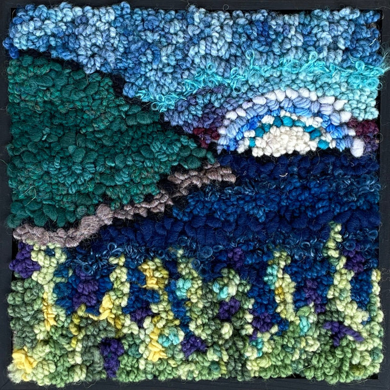 update alt-text with template Mystery of the Moon on the Bay - 8" x 8" Framed-Original Rugs-Deanne Fitzpatrick Rug Hooking Studio-Rug Hooking Kit -Rug Hooking Pattern -Rug Hooking -Deanne Fitzpatrick Rug Hooking Studio -Is rug hooking the same as punch needle?